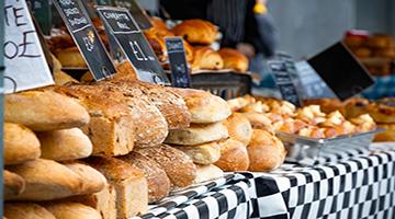 Baked bread on market stall